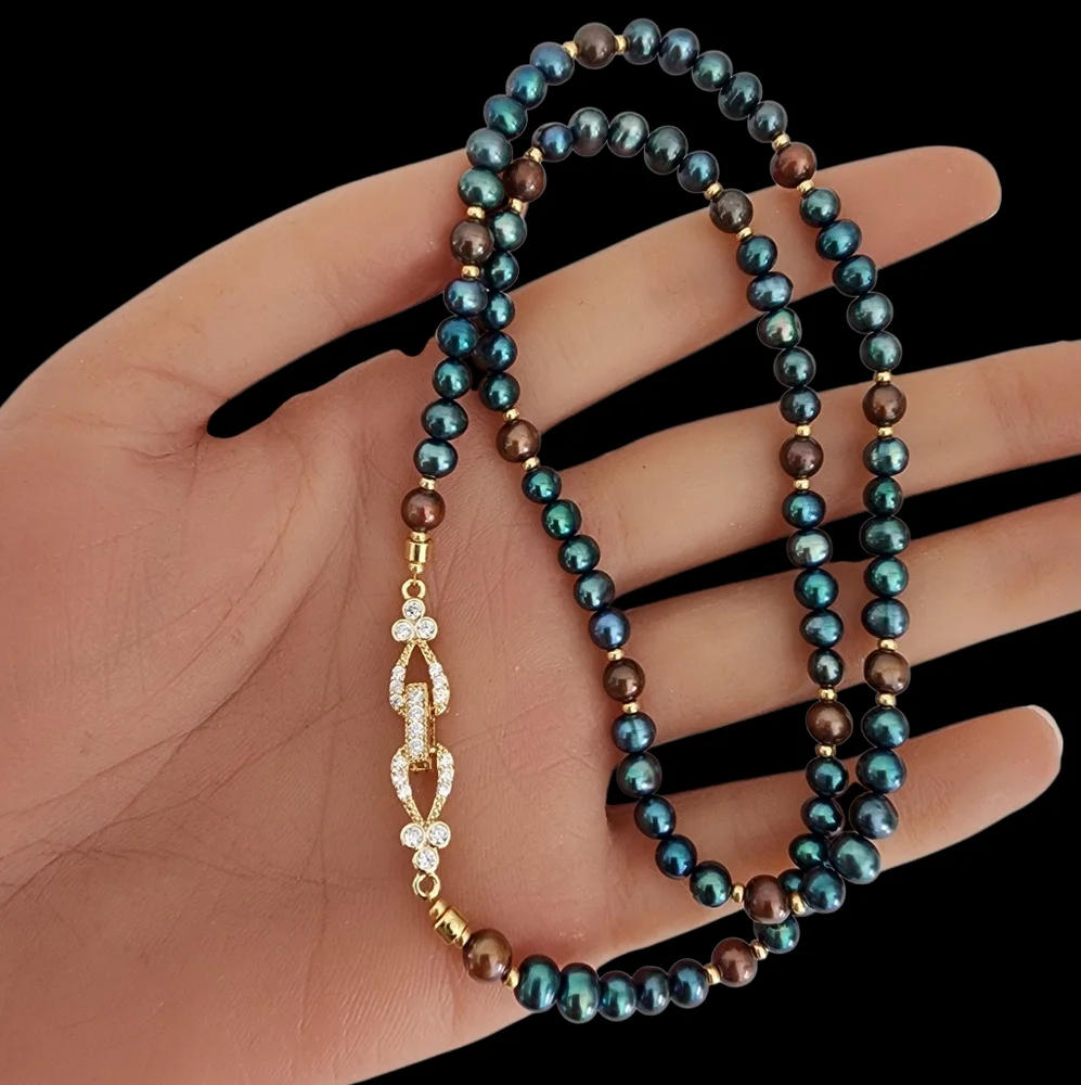 Vintage pearl necklace gold filigree clasp blue brown baby pearls A0215 -Q5 -Q2